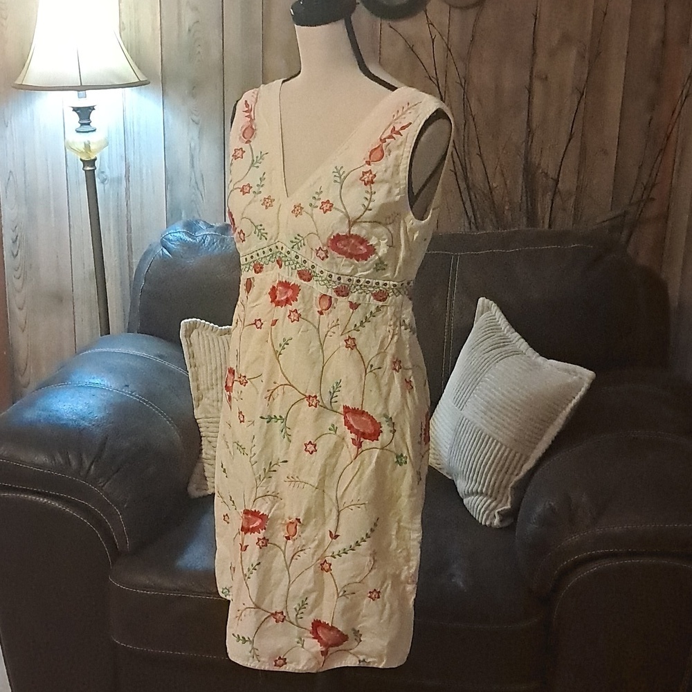 Floral Embroidered Midi Dress Cream/Red Size M Boho Festival Hippie Cottagecore - Picture 5 of 8